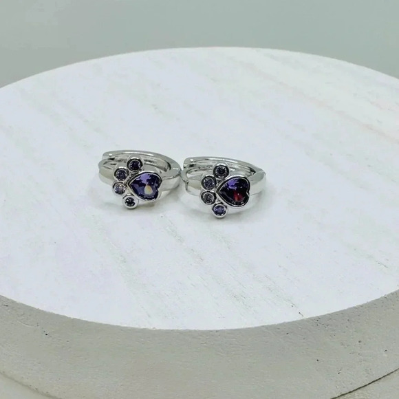 Paw Print Zircon Hoop Earrings Purple & Blue Bundle - Picture 4 of 7